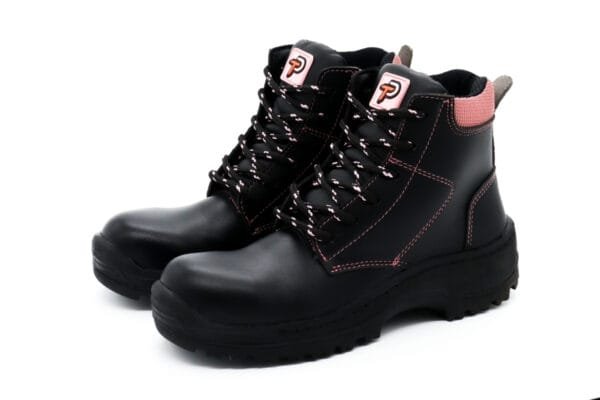 Borceguí de seguridad para mujer Ten-Pac Delta en color negro y rosa, vista de perfil.